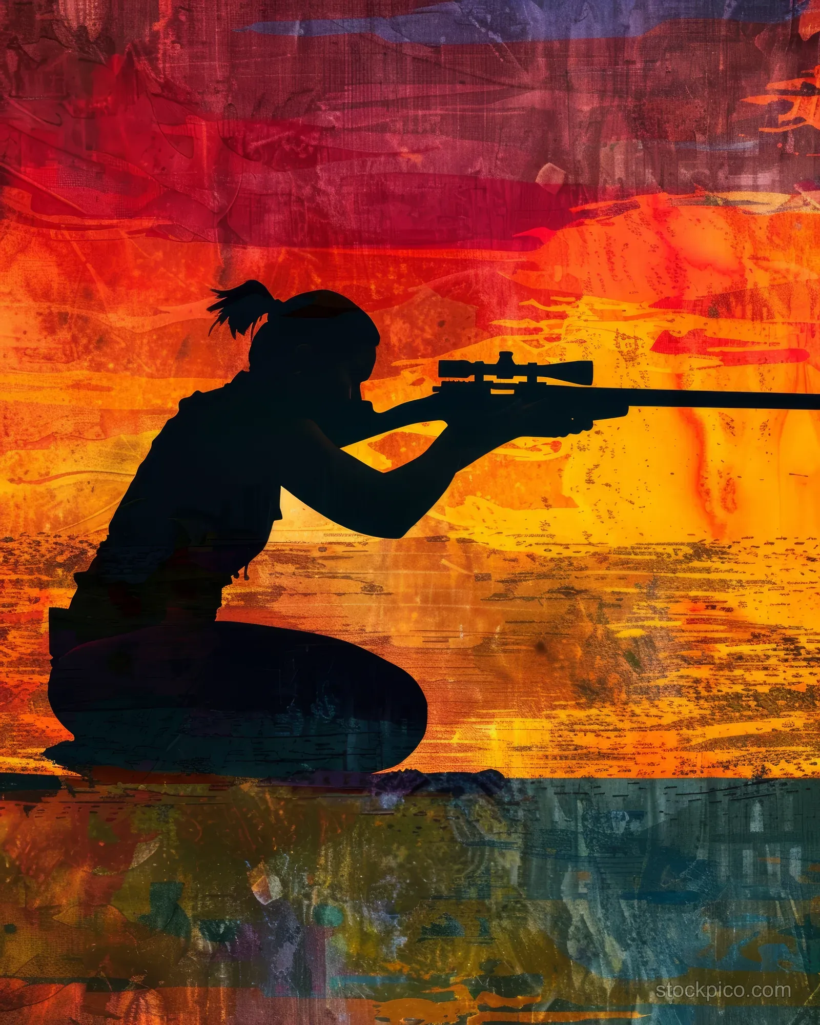 Silhouette of a female rifle shooter aiming beside a rifle line against a vivid sunset background.
