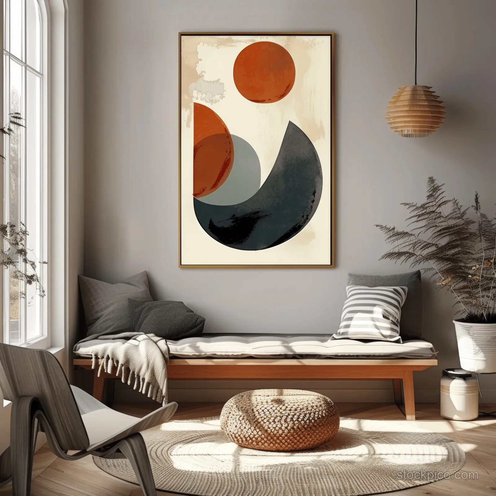 Blue armchair and wooden coffee table in a Scandinavian living room, with a geometric poster framed on the white wall.