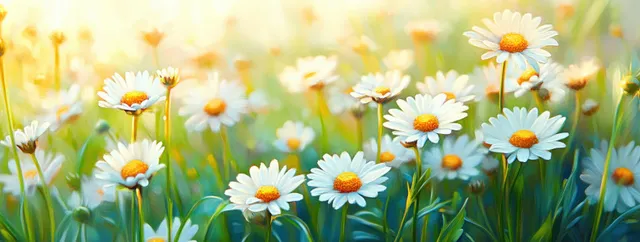 White daisies with yellow centers bloom in a sunlit meadow, with soft out-of-focus flowers behind them.
