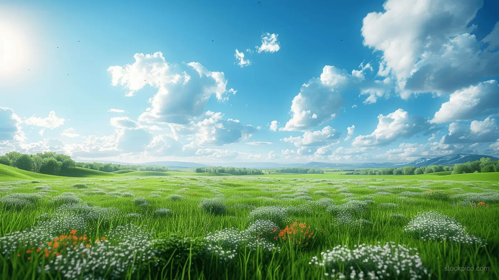 Green spring meadow with wildflowers stretches to distant hills under a bright blue sky with scattered clouds.