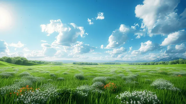 Spring meadow with green grass and wildflowers beneath a bright blue sky horizon
