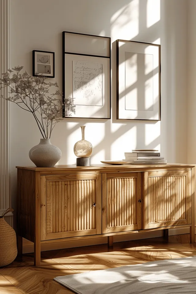 Light wood sideboard stands in a bright minimalist room with empty framed pictures and sharp window-shadow patterns on the floor.