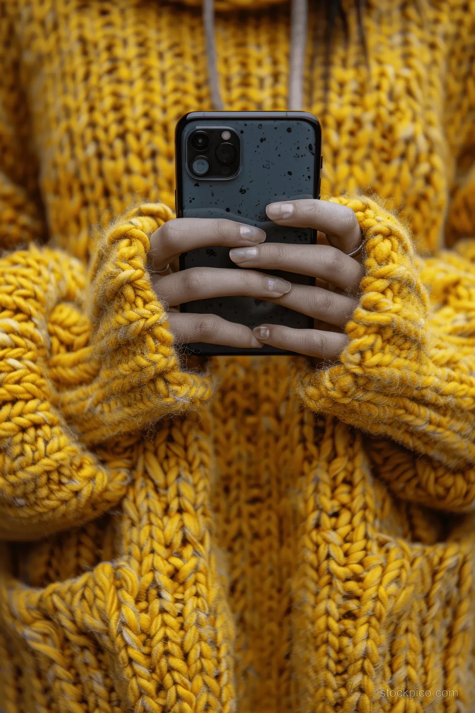 Young woman in a yellow sweater holding a smartphone with both hands.
