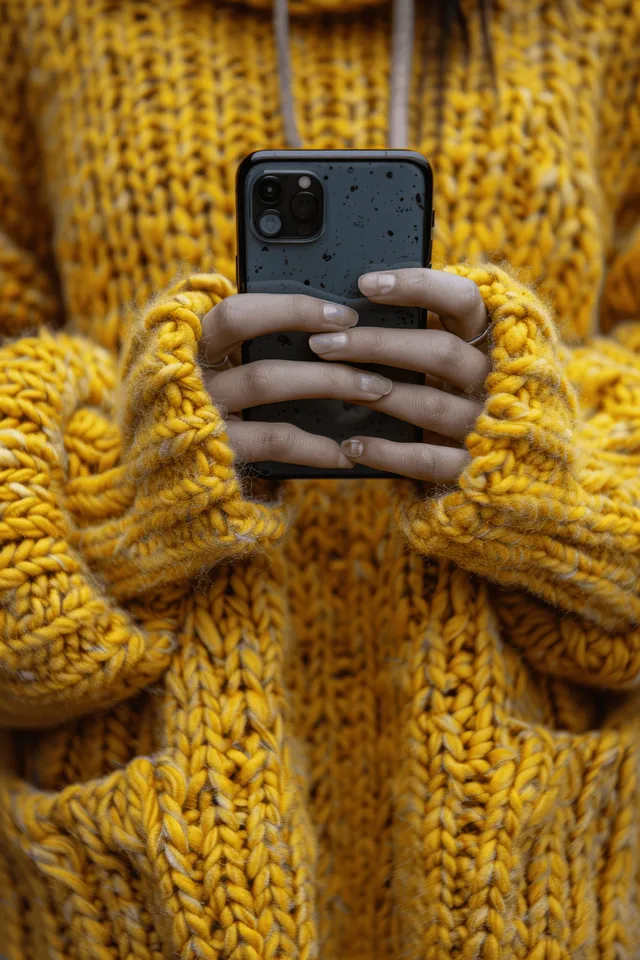 Young woman in yellow sweater using smartphone on white background