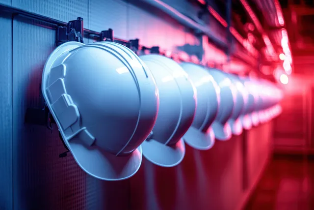 White safety helmets hang in a row from hooks on a perforated dark wall under blue and pink lighting.