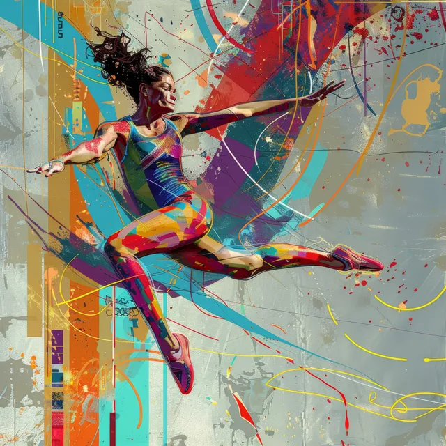British female gymnast midair on trampoline, splashed paint streaks and motion lines