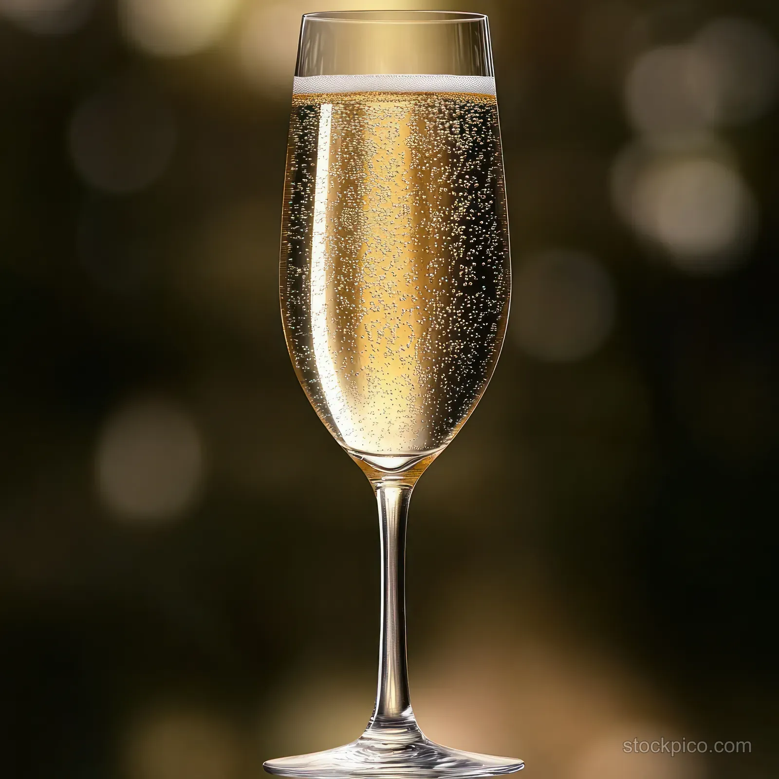 A champagne flute filled with sparkling golden bubbly liquid with bubbles rising and light reflections against a blurred background.