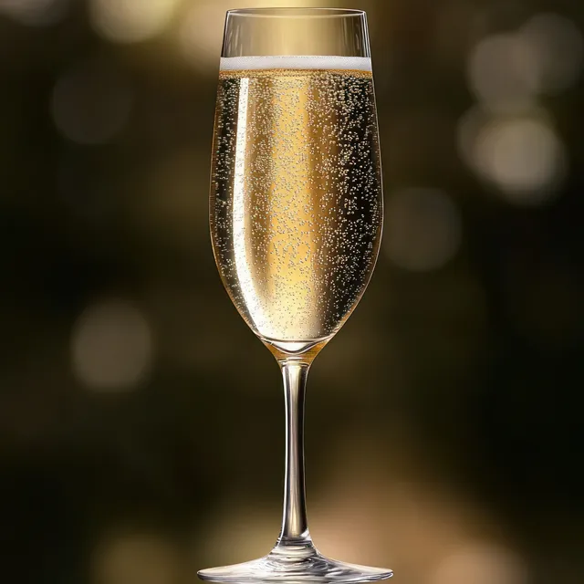 Close-up of champagne flute filled with sparkling golden bubbles and light reflections
