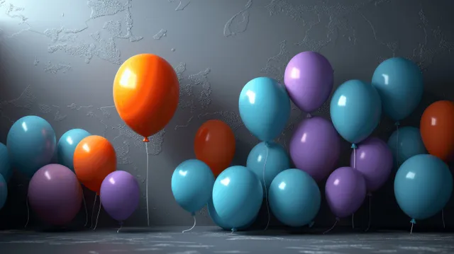 Team growth celebration with colorful balloons against a textured gray wall background