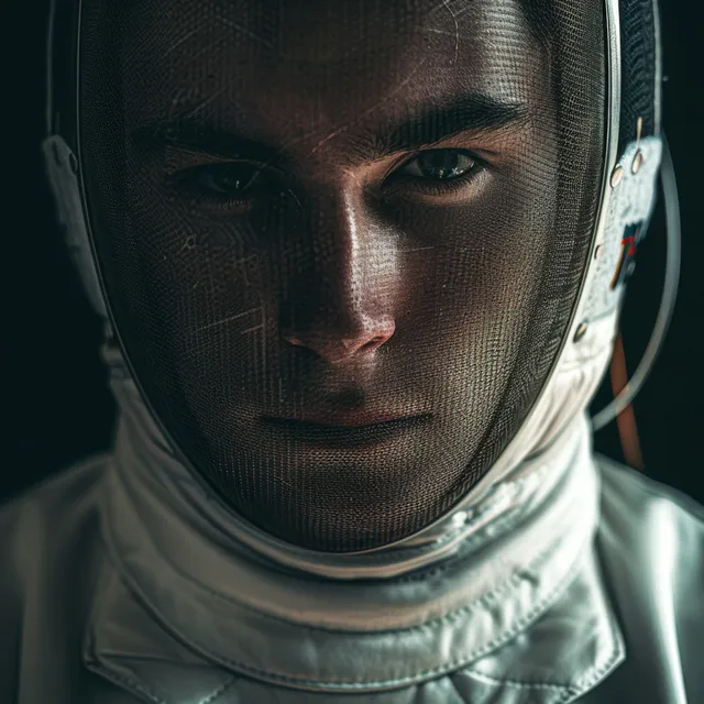 United States male fencer in mask, focused stare during competition under dramatic lighting