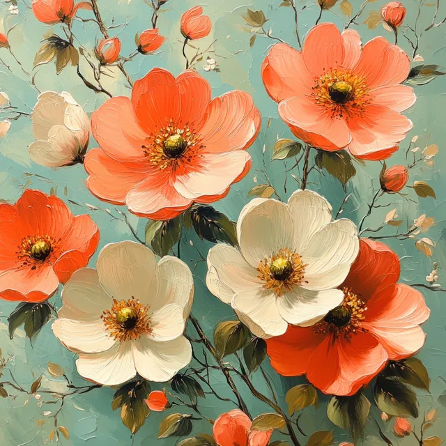 Coral and cream blossoms with mint-green leaves arranged in a repeating painterly wallpaper pattern.