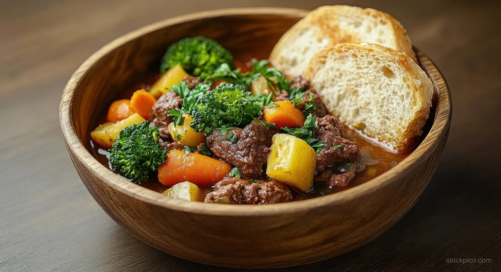 Hearty beef stew with carrots and potatoes sits in a wooden bowl beside crusty bread on a wooden table.