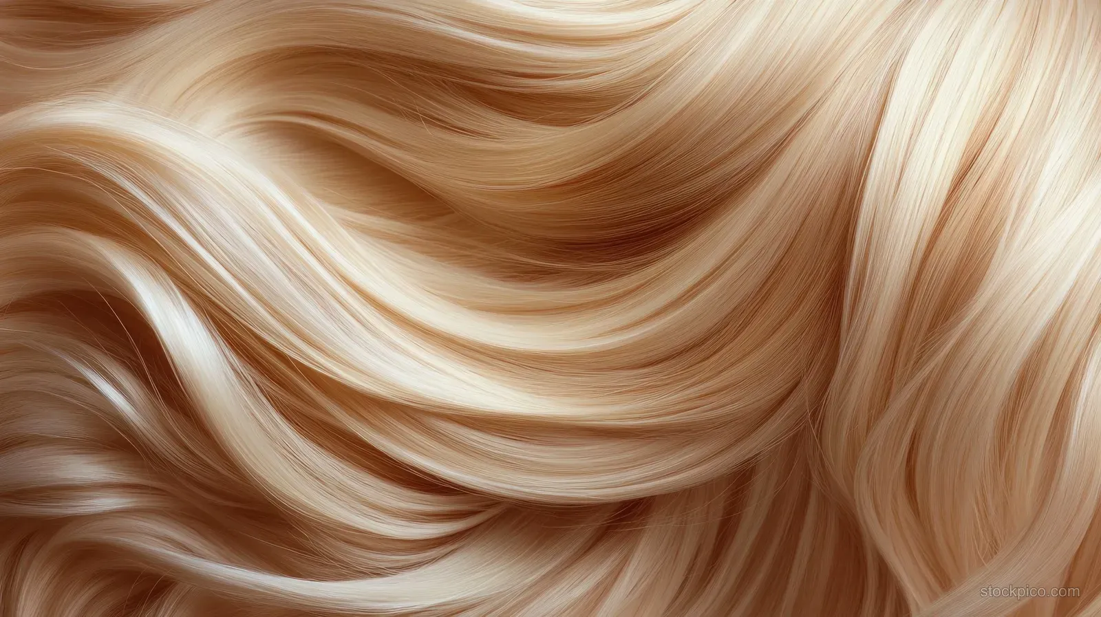 Close-up of blonde hair strands flowing in smooth waves with luminous highlights in natural light.