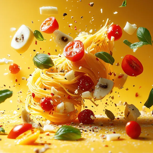 Floating spaghetti nest surrounded by cherry tomato halves, basil leaves, sliced mushrooms, and seasoning flakes on a yellow background.
