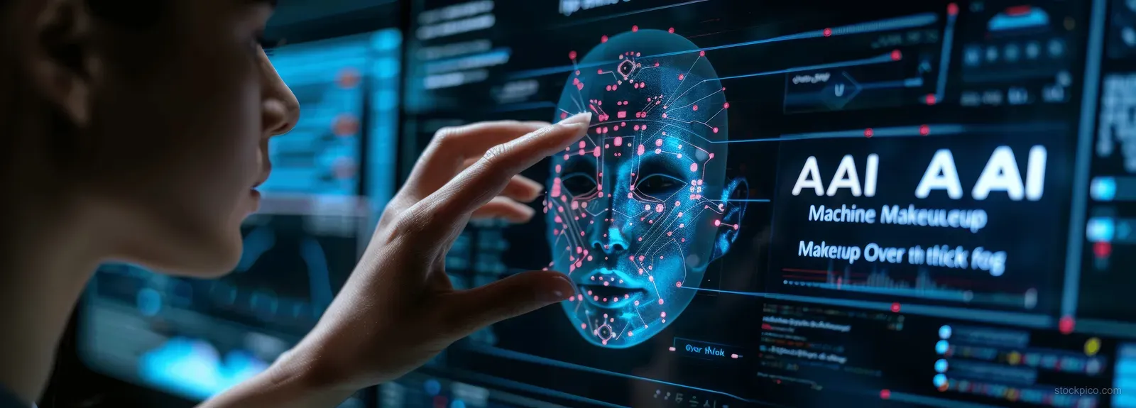 A woman reaches toward a glowing AI face on a futuristic computer screen.