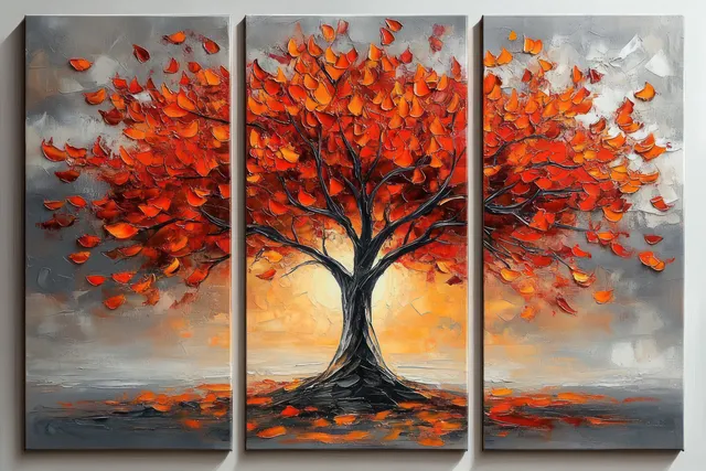Three-panel painting of a tree with bright orange and red autumn leaves against a gray sky.
