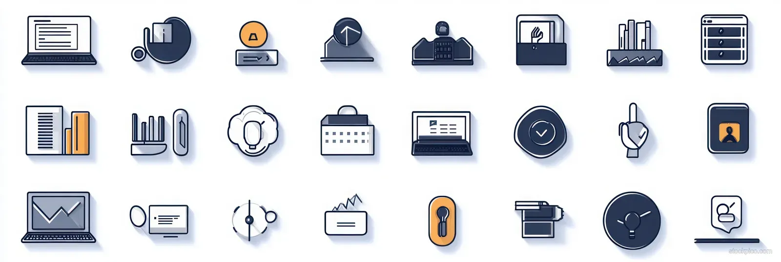 Flat business icon set with laptop charts, documents, calendar, printer, and email symbols in blue and orange.
