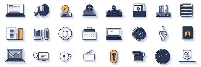 Flat business icon set with laptop charts, documents, calendar, printer, and email symbols in blue and orange.