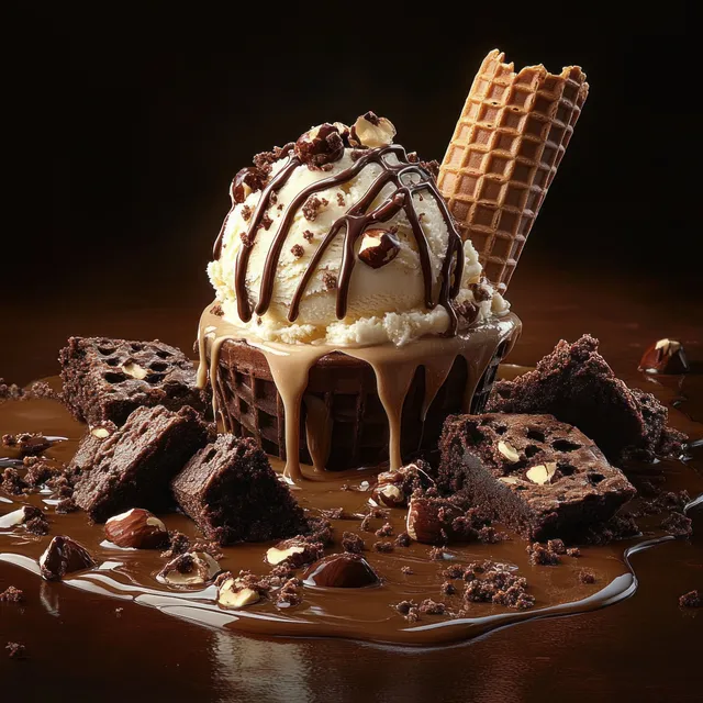 Vanilla ice cream in a waffle cup with chocolate drizzle and nuts sits on glossy chocolate beside brownie pieces.