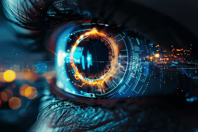 A glowing blue robot eye scans digital data lines over a night futuristic city background.