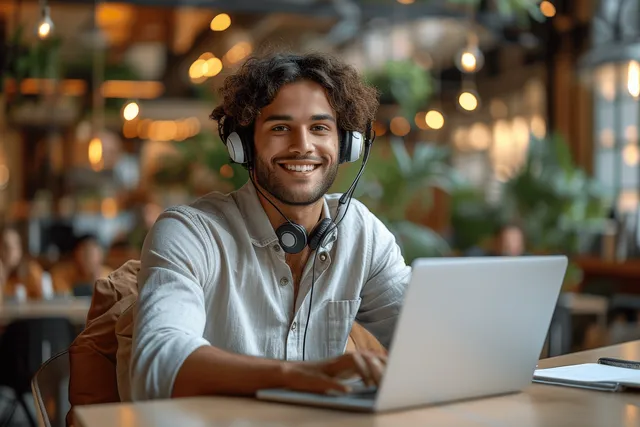 Un agente de centro de llamadas sonriente con auriculares trabaja en una laptop para ofrecer atención al cliente en línea en una oficina con iluminación cálida.