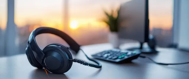 Call center headset on a desk beside a phone and keyboard with blurred city lights in the background.