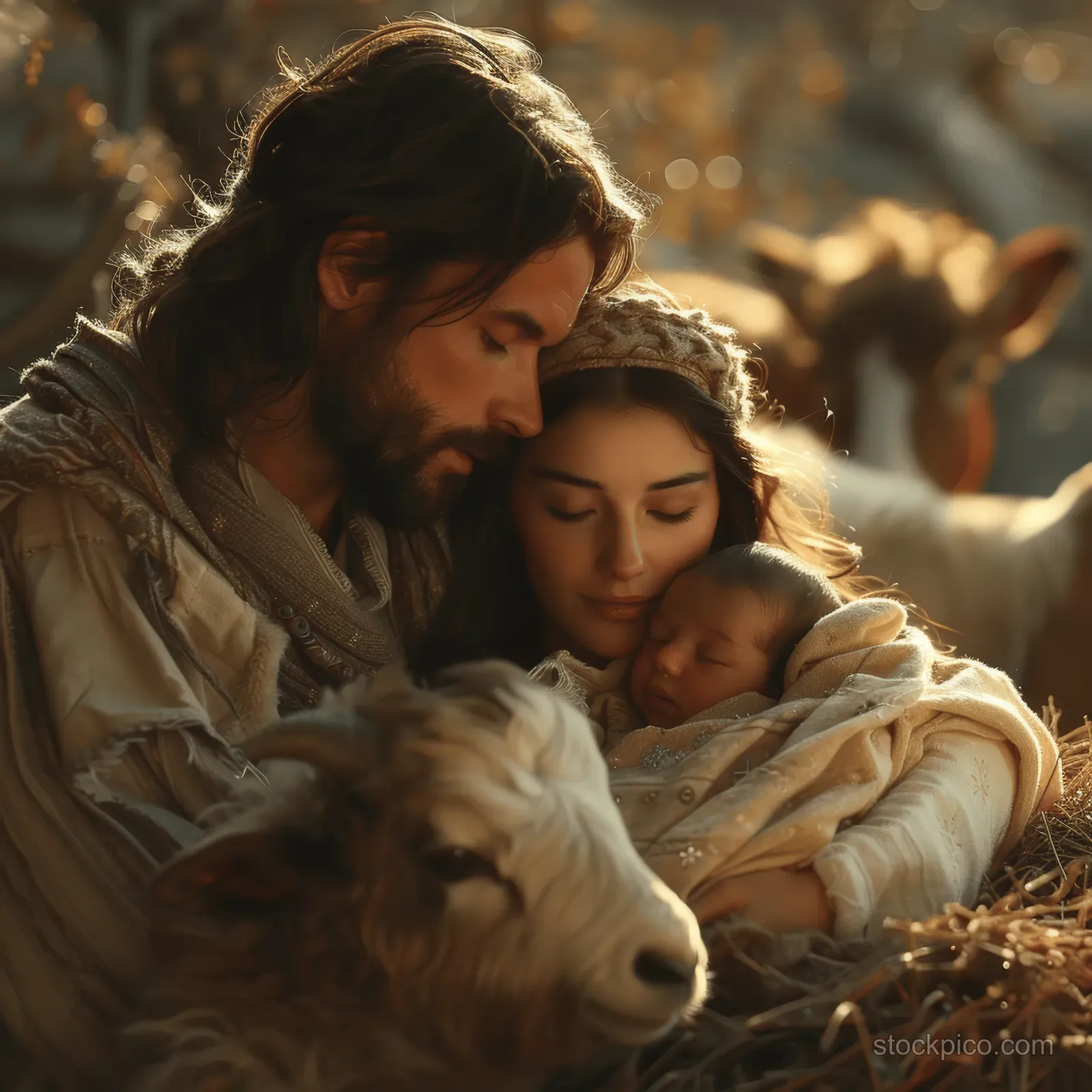 Mary and Joseph cradle baby Jesus in a straw manger as animals look on under soft night light.