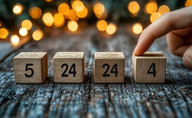 A hand moves wooden number blocks on a table with warm holiday bokeh lights behind them.
