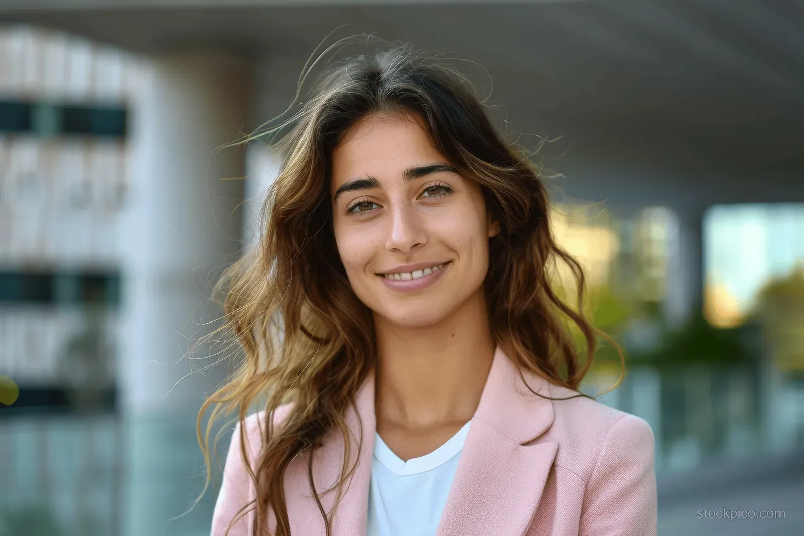 Smiling woman in a pink blazer standing outdoors near an office building, looking at the camera.
