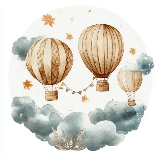 Watercolor hot air balloons floating above clouds, pastel sky with small rainbow accents