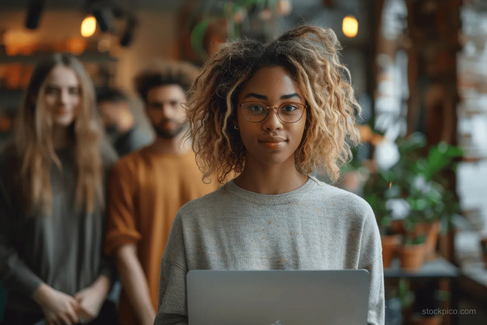 A young woman smiles while working on a laptop in an office lobby, with coworkers blurred behind her.