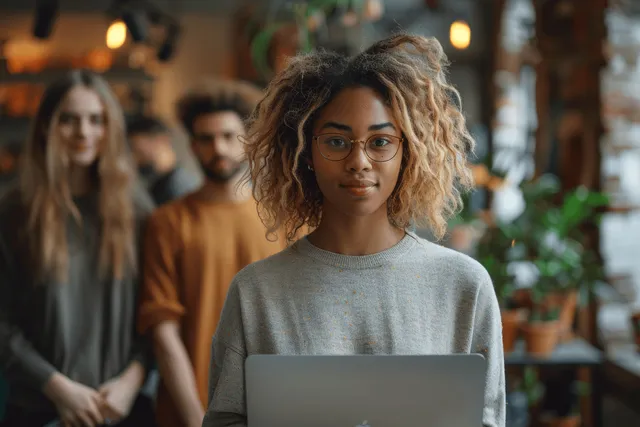 Smiling young woman works on laptop in office lobby with coworkers blurred behind