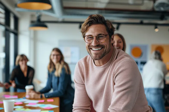 Smiling man in a pink sweater seated at a meeting table with colleagues blurred in a bright office.