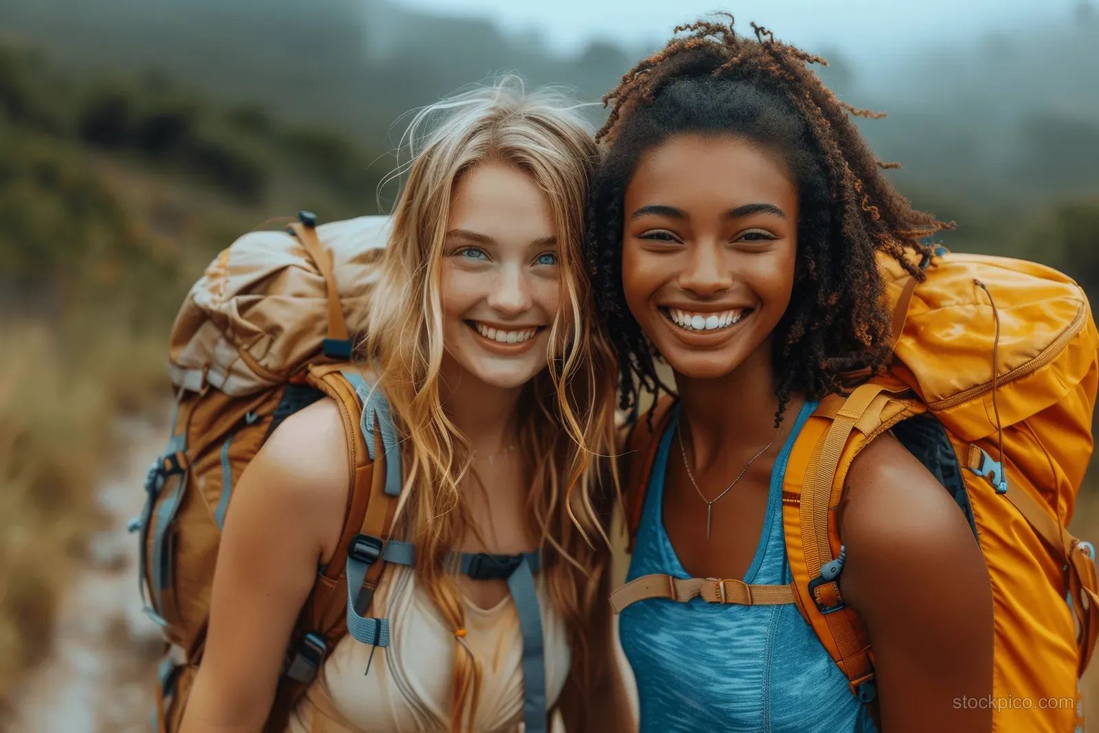 Two teenage friends in backpacks smile for a smartphone selfie during a sunset walk on a countryside trail.