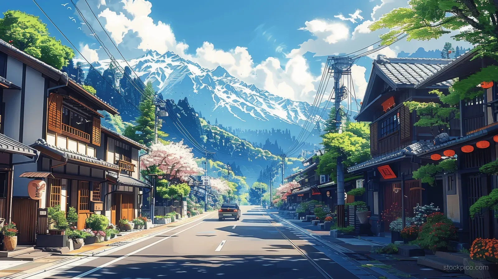 A vibrant anime-style Japanese street scene features cozy houses, traffic, and dramatic mountains under warm summer light.