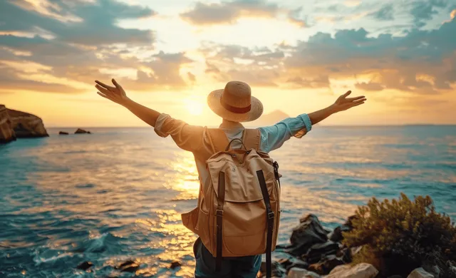 Hiker stands with arms open at seaside sunset, backpack against golden ocean horizon