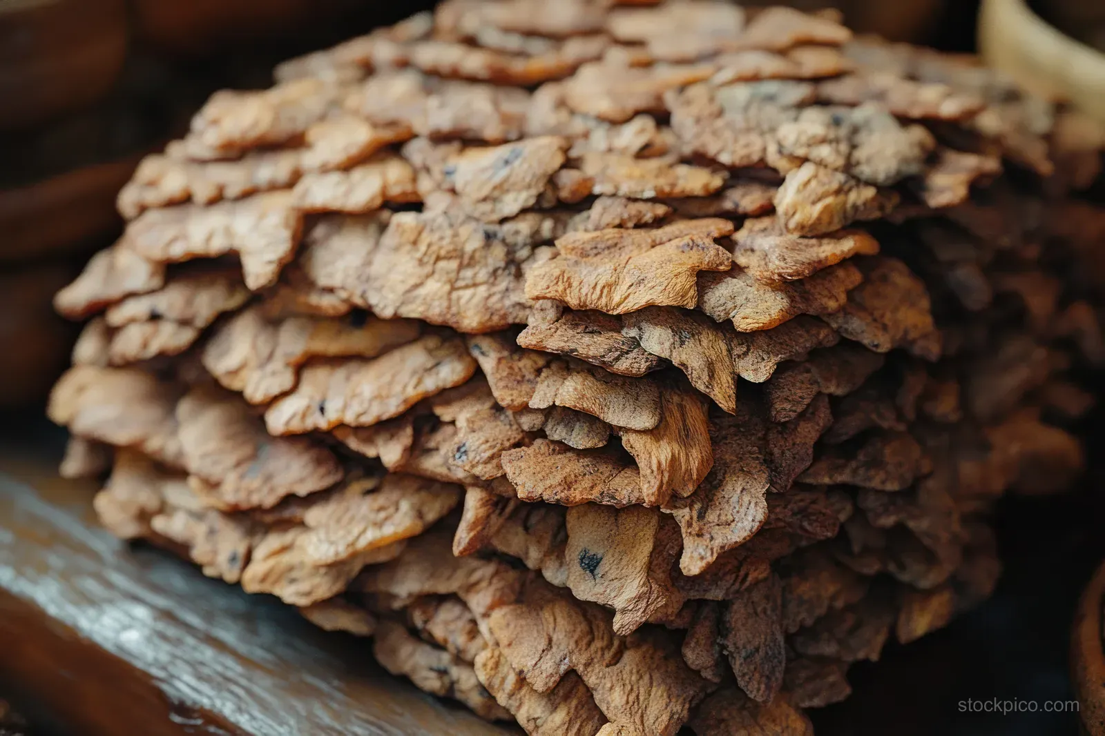 Close-up of a tall stack of crispy fried anchovies displayed on a market stall counter.