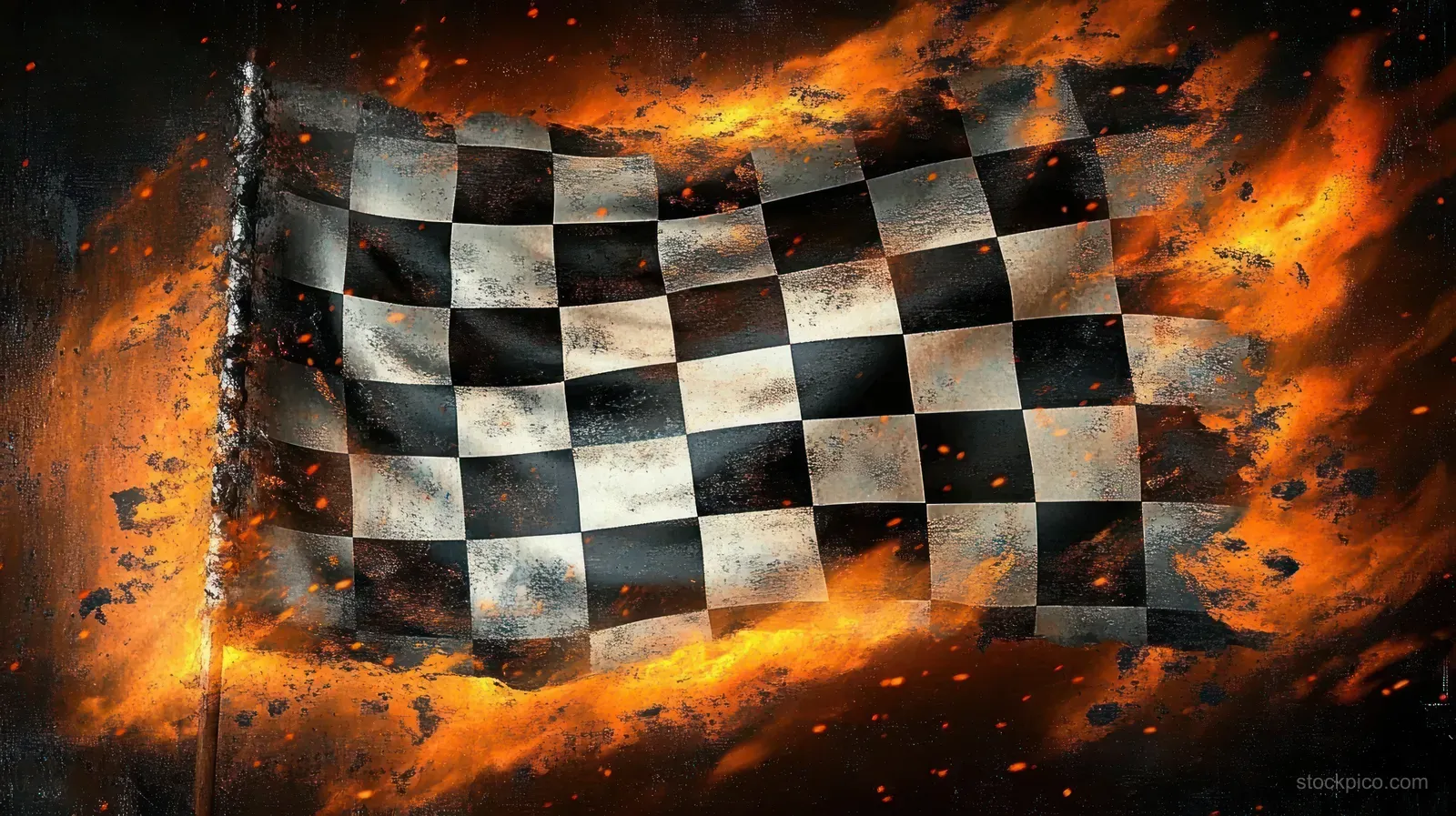 A black and white checkered racing flag engulfed in flames with glowing embers and dark smoke.