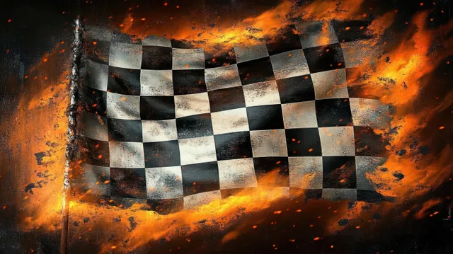 A black and white checkered racing flag engulfed in flames with glowing embers and dark smoke.