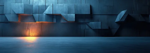 Empty futuristic room of geometric steel panels lit with soft blue and subtle warm orange glow.