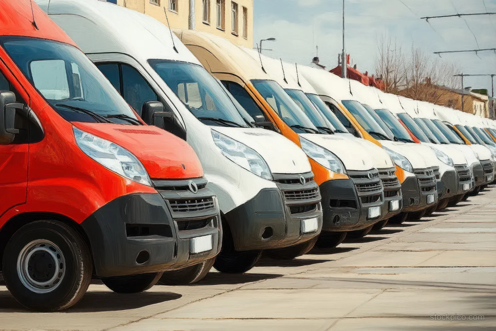 A row of orange and white delivery vans parked along a city street under a clear sky.