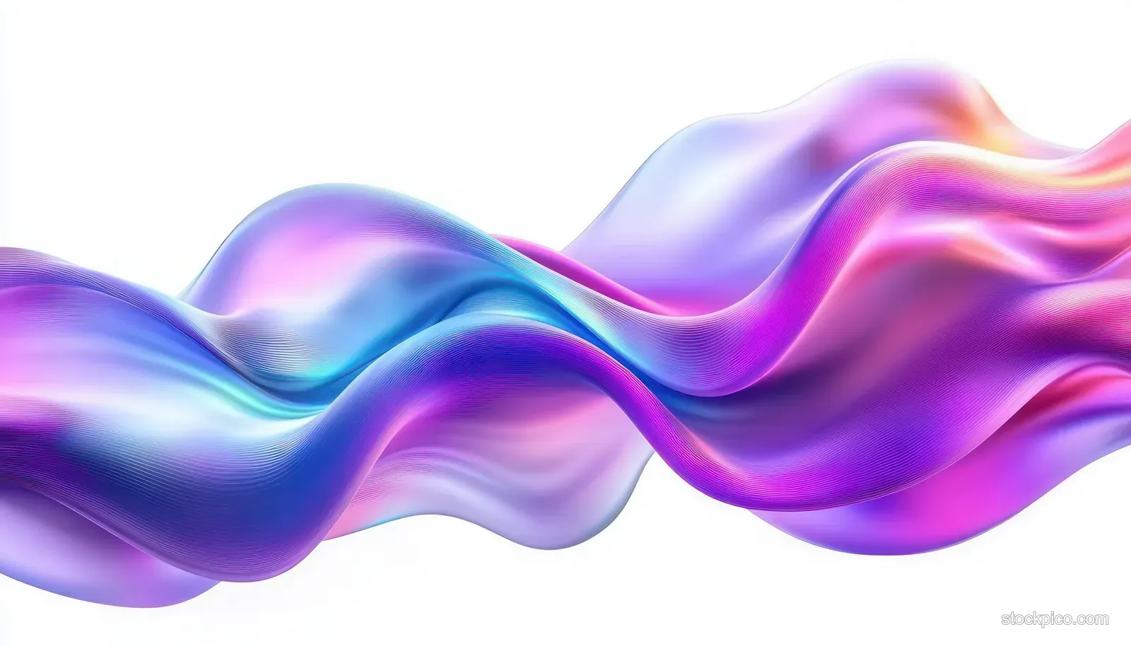 Glossy abstract wave ribbons in blue, purple, and pink flowing across a white background with smooth curves.