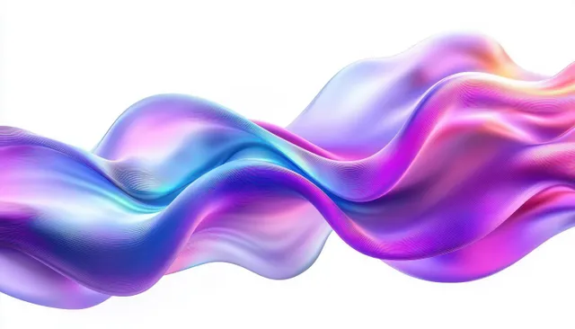 Glossy abstract wave ribbons in blue, purple, and pink flowing across a white background with smooth curves.