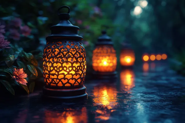 Lanterns and candles glowing beside cemetery grave at night, All Saints and Christmas