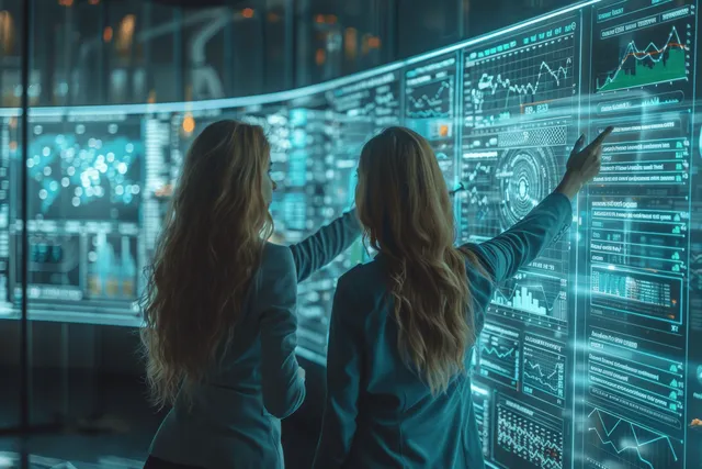 Two women point at a glowing digital screen displaying charts and analytics in a futuristic control room.