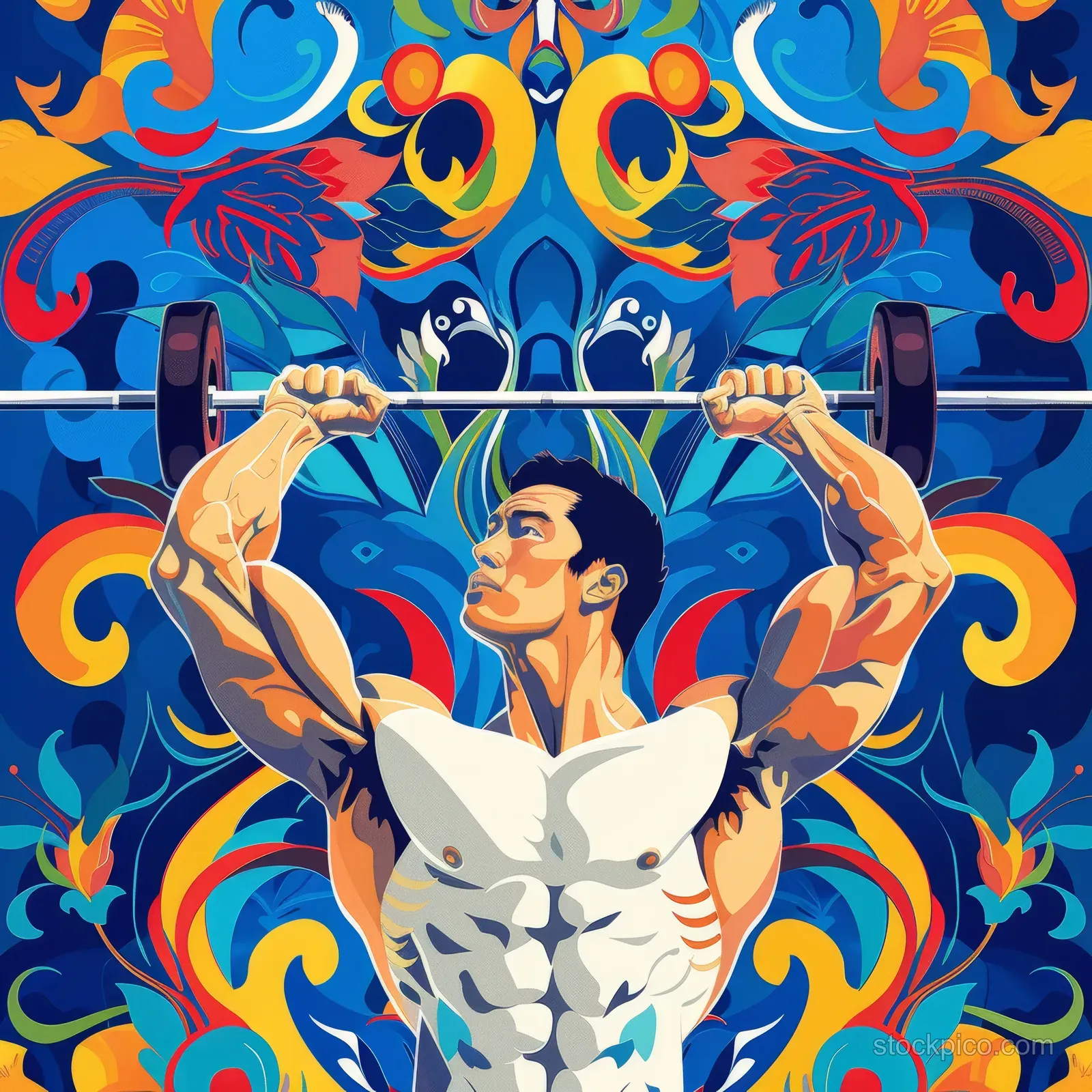 Illustrated Kazakh weightlifter lifting a barbell overhead with swirling ornamental horse and flame patterns behind him.