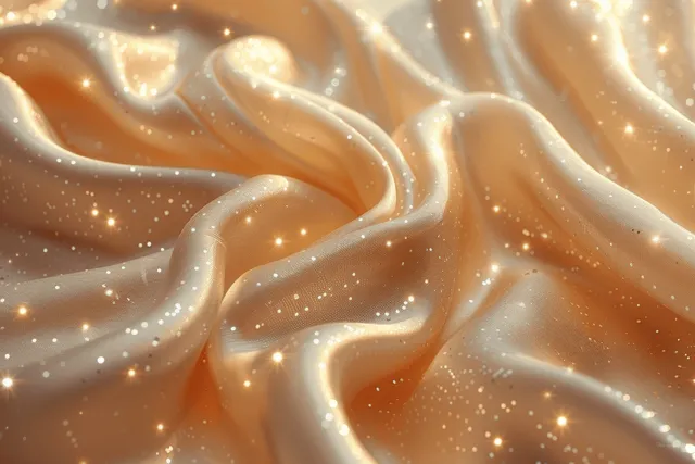 Beige satin waves with gold glitter highlights and soft prismatic flare background