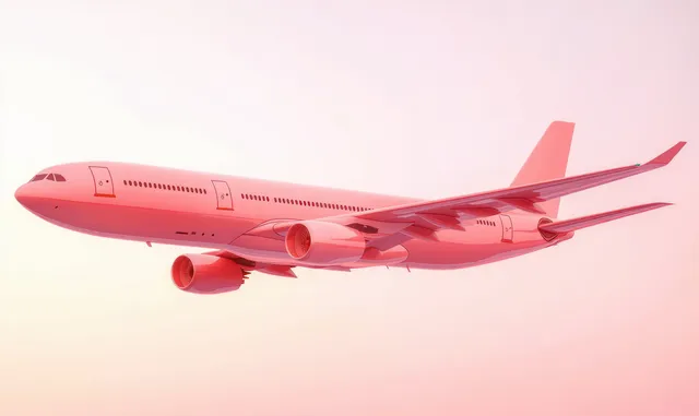 A large modern airplane flies through a clear sky under soft pink and orange gradient sunset light.