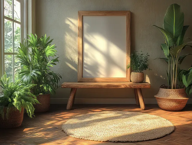 Empty wooden picture frame on Scandinavian console with plants and sunlight shadows