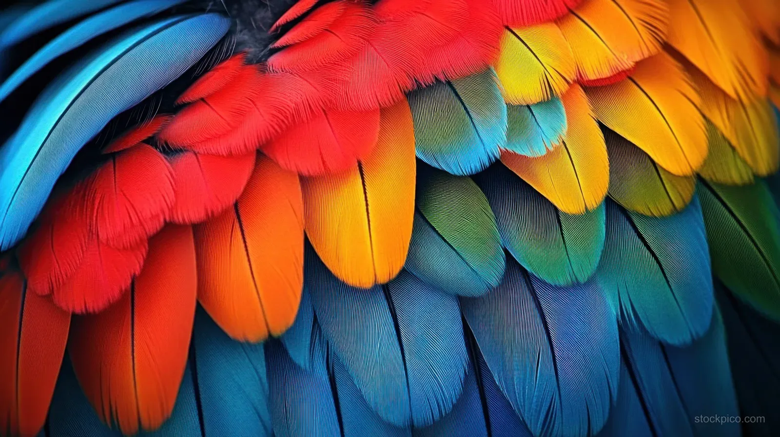Macro close-up of layered bird feathers in bright red, orange, yellow, blue, and green with detailed texture.
